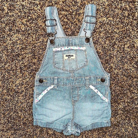 OshKosh B'gosh Other - Oshkosh Girls Jean Denim Overalls Shorts Shortalls Stripe Floral Pastel 18mo